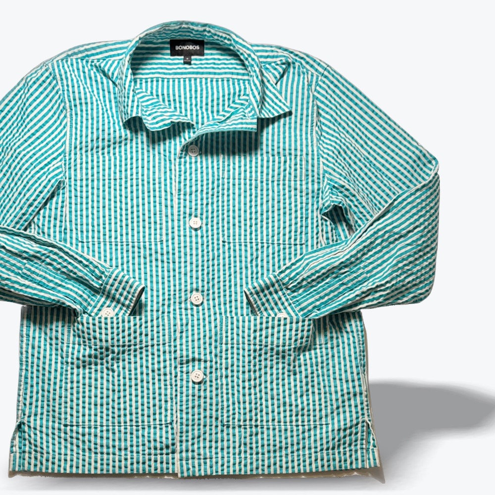 Bonobos Seersucker Chore Jacket Mens Medium Teal White Stripe Puckered Cotton